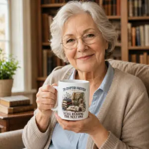 70 Chapters Written book lover birthday mug held in a cozy reading setting with the printed quote visible.
