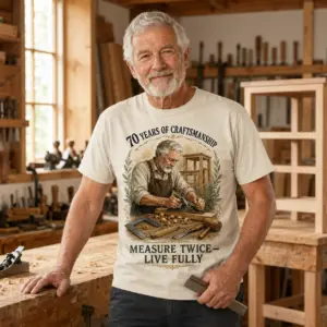 70 years of craftsmanship woodworking T-shirt shown in a lifestyle mockup