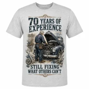 70 years of experience mechanic T-shirt front mockup with vintage car repair illustration