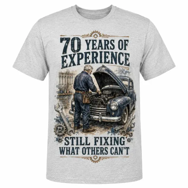 70 years of experience mechanic T-shirt front mockup with vintage car repair illustration