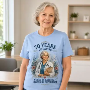 Modeled nurse appreciation T-shirt showing the 70 Years of Caring front design with nurse portrait, stethoscope, heartbeat line, and floral accents.