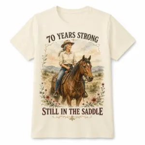 Flat front view of a light T-shirt with 70 Years Strong Still in the Saddle western horse lover 70th birthday design