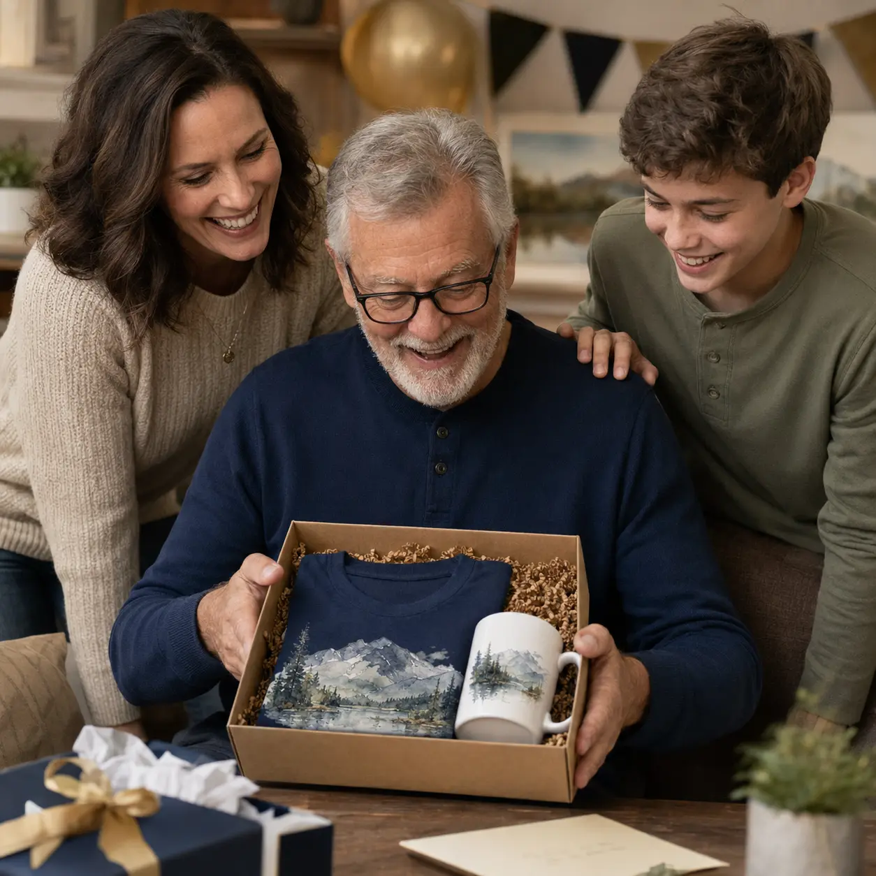 Man in his seventies opening a 70th birthday gift with his daughter and grandson