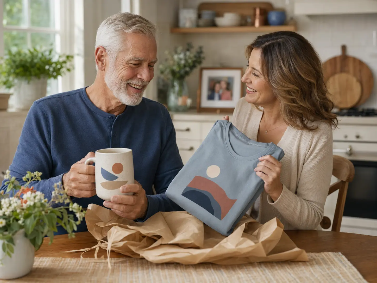 Man in his seventies receiving a T-shirt and mug gift from his daughter
