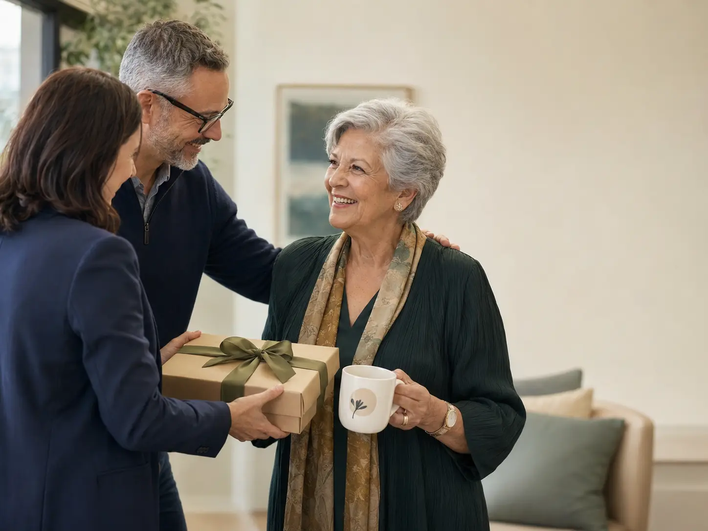 Woman in her seventies receiving a retirement gift from coworkers