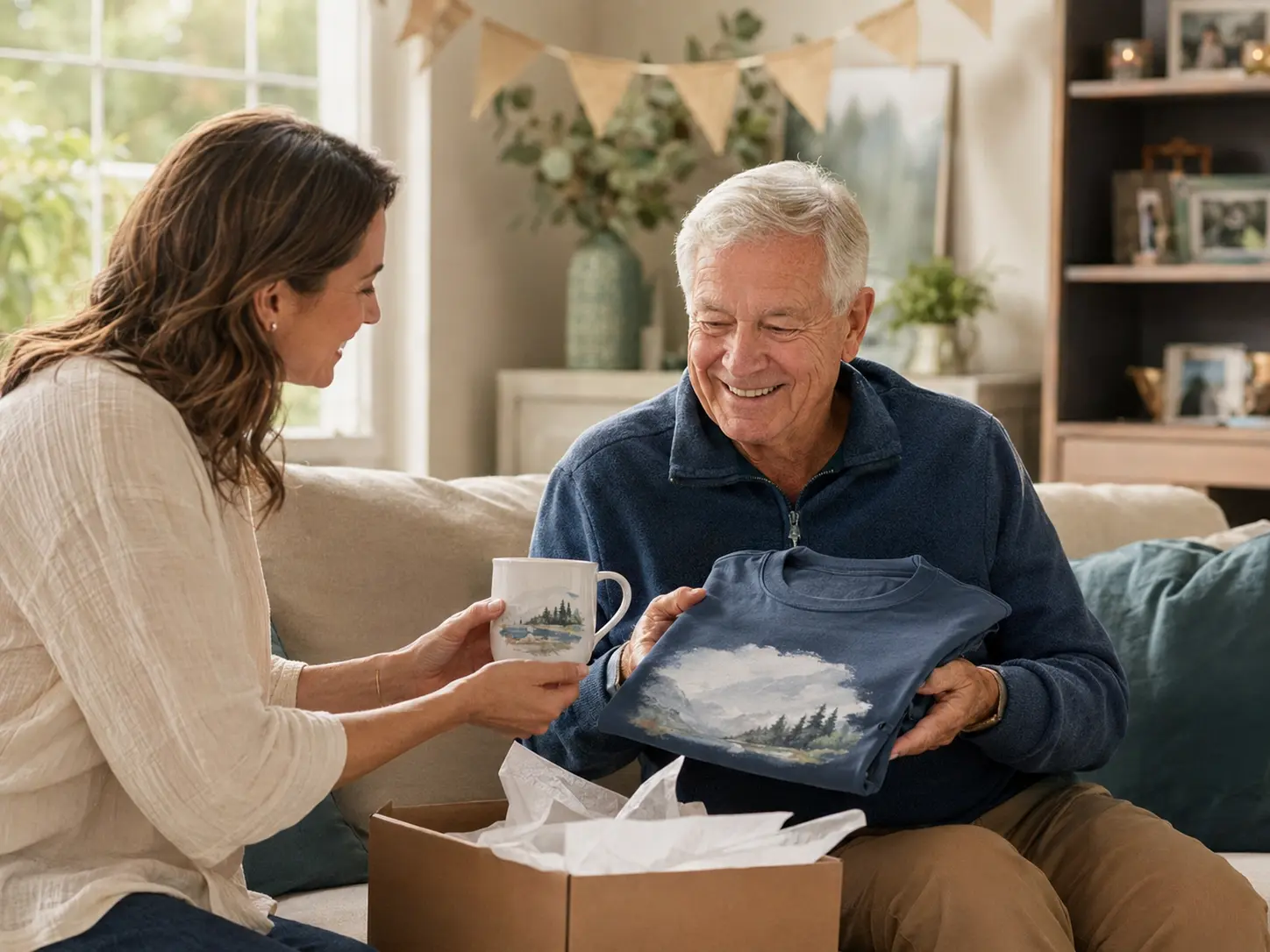 Man in his seventies receiving a T-shirt and mug for his 70th birthday
