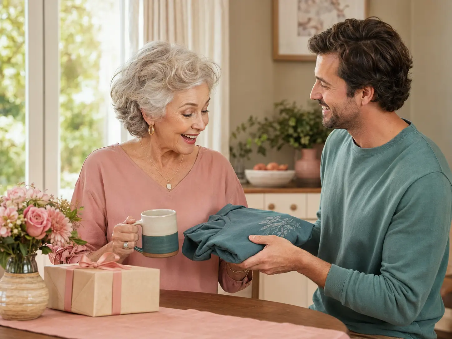 Woman in her seventies receiving a T-shirt and mug birthday gift