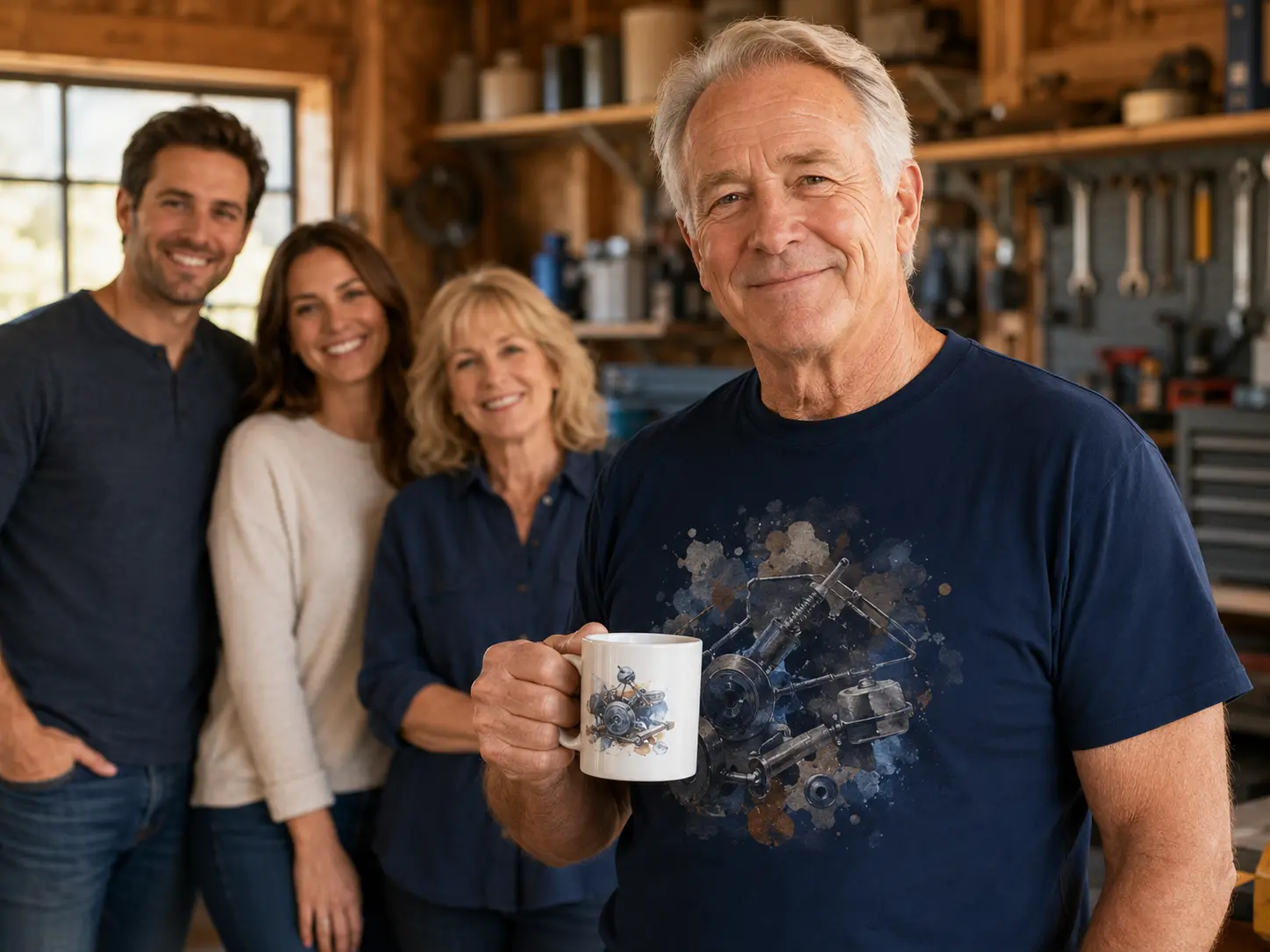 Retired mechanic in his seventies wearing a profession T-shirt and holding a mug