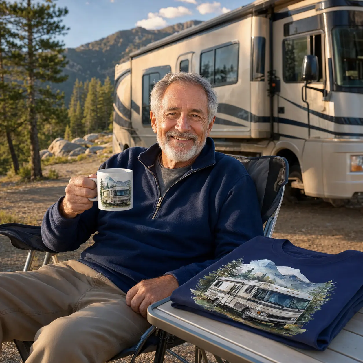 Man in his seventies with a motorhome hobby mug and matching T-shirt