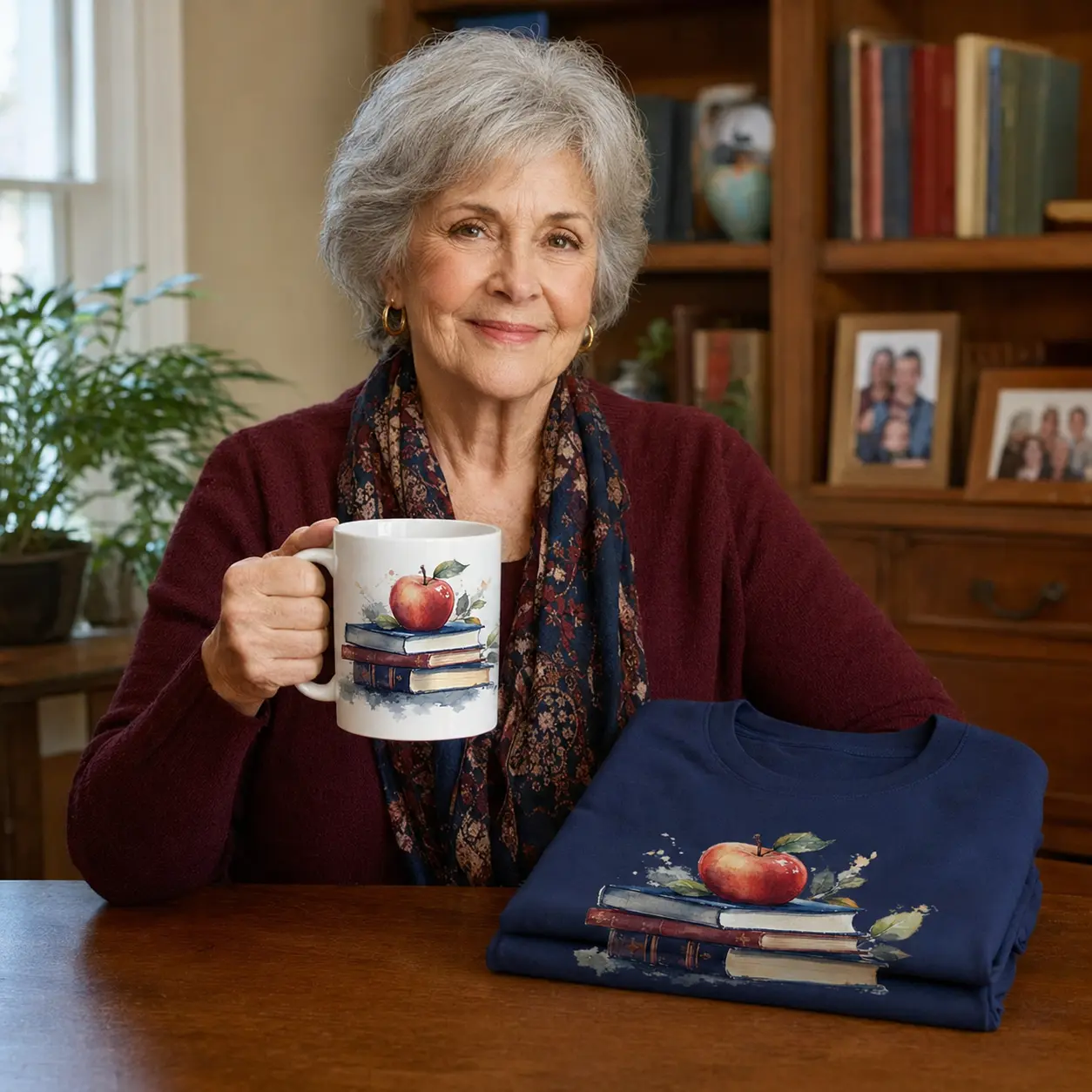 Retired teacher in her seventies holding a profession mug with a matching T-shirt