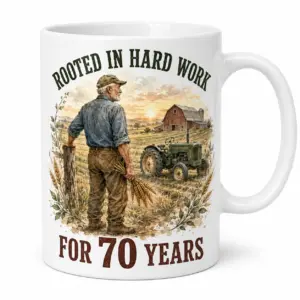 White ceramic mug with ROOTED IN HARD WORK FOR 70 YEARS farming design, farmer, wheat, barn, and tractor