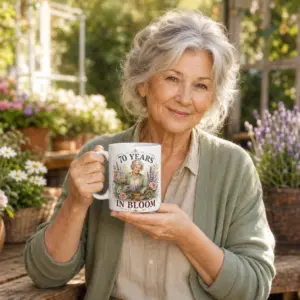 White ceramic 70th birthday gardening mug held in a garden setting with 70 YEARS IN BLOOM artwork
