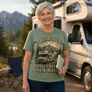 70th-birthday-rv-shirt-worn-mockup Worn mockup of 70th birthday RV shirt with 70 Years Young and mountain road trip artwork