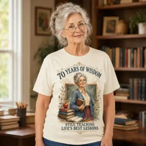 Worn mockup of light 70th birthday teacher shirt with Still Teaching Life's Best Lessons classroom artwork
