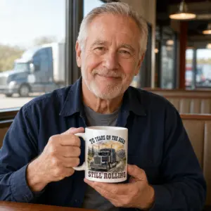 White truck driver mug being held, showing a printed blue semi-truck highway design with 70 Years on the Road and Still Rolling text