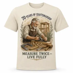 Front view of 70th birthday woodworking T-shirt with 70 years of craftsmanship design