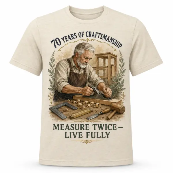 Front view of 70th birthday woodworking T-shirt with 70 years of craftsmanship design
