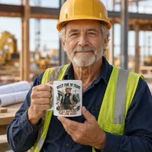 Construction worker 70th birthday mug shown in a jobsite lifestyle mockup with hard hat artwork and milestone text