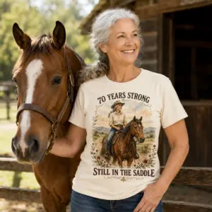 Worn light T-shirt showing a cowgirl riding horse 70 Years Strong Still in the Saddle birthday design
