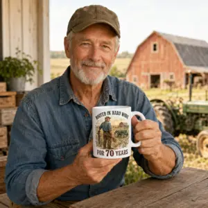 Lifestyle view of white 70th birthday farmer mug with rustic barn, tractor, wheat, and field artwork