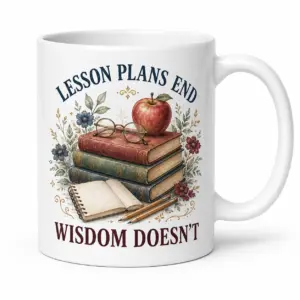 White ceramic teacher mug with Lesson Plans End Wisdom Doesn't book and apple design close-up