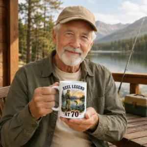 Older man holding a white REEL LEGEND AT 70 fishing mug in a lakeside outdoor setting