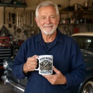 Retired mechanic 70th birthday mug shown in a garage setting with vintage wrench, gear, and piston artwork