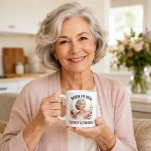 Lifestyle view of white 70th birthday mug with Born in 1956 floral gray-haired woman portrait artwork