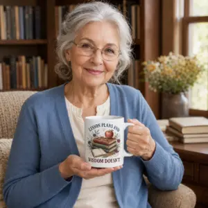 Teacher appreciation mug held in a cozy reading room with Lesson Plans End Wisdom Doesn't artwork